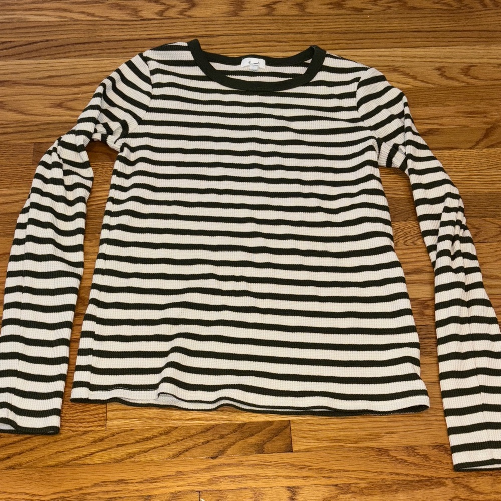 Aerie Dark Green and White Striped Long Sleeve Tee, Waffle Material